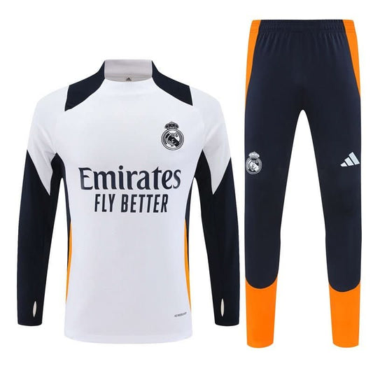 Real Madrid 24/25 White Navy & Orange Training Set - TheFutbolistaCloset