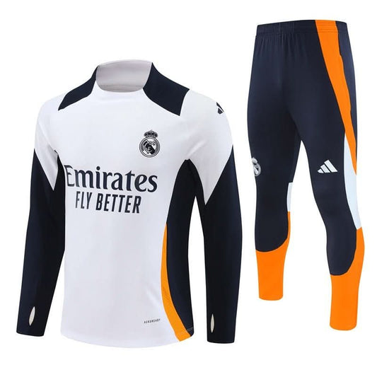 Real Madrid 24/25 White Navy & Orange Training Set - TheFutbolistaCloset